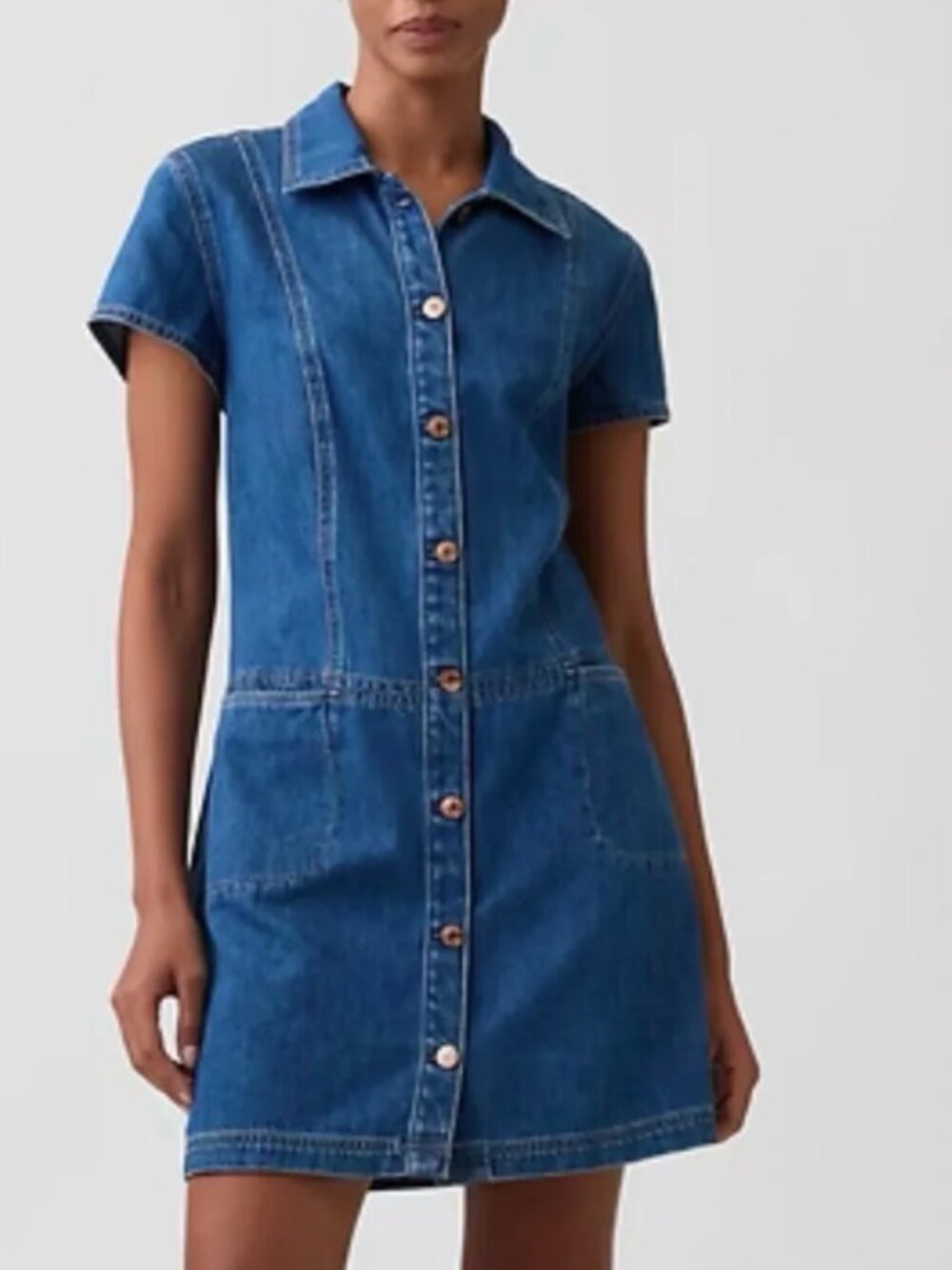 GAP Washed Denim Button-Front Short Sleeve Dress - Blue